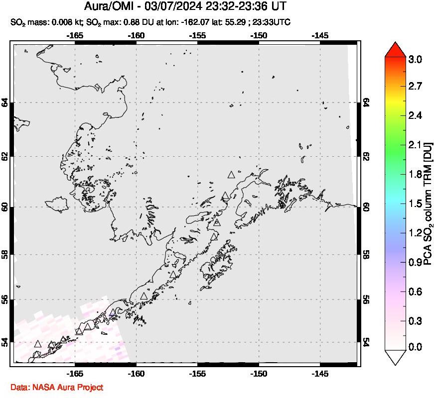 A sulfur dioxide image over Alaska, USA on Mar 07, 2024.