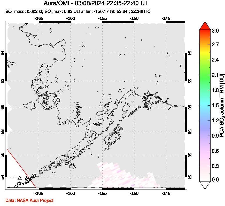 A sulfur dioxide image over Alaska, USA on Mar 08, 2024.