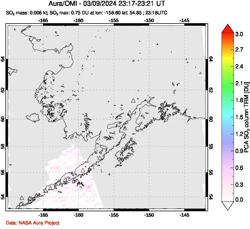 A sulfur dioxide image over Alaska, USA on Mar 09, 2024.