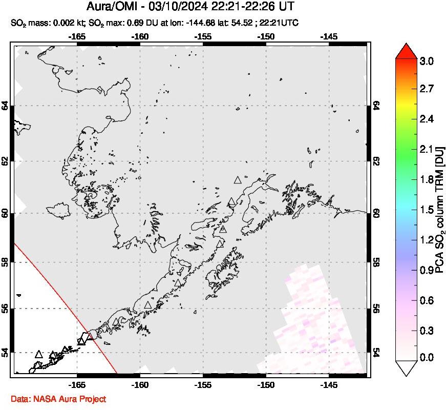 A sulfur dioxide image over Alaska, USA on Mar 10, 2024.