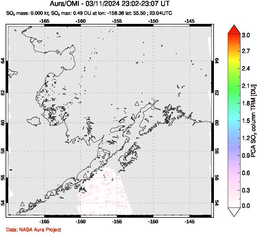 A sulfur dioxide image over Alaska, USA on Mar 11, 2024.