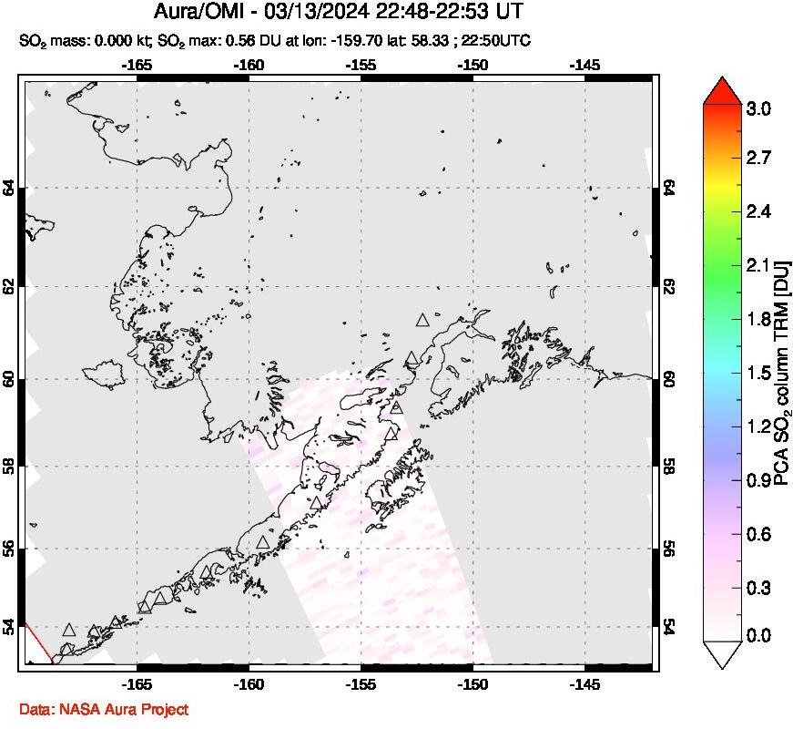 A sulfur dioxide image over Alaska, USA on Mar 13, 2024.