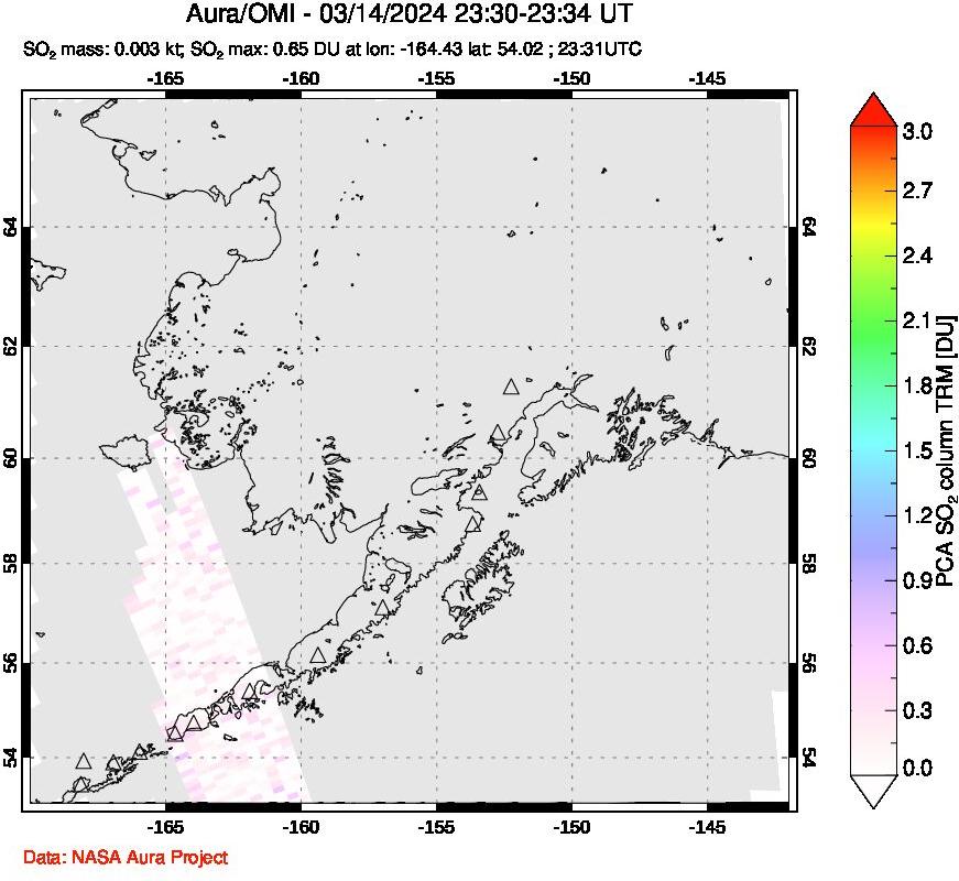 A sulfur dioxide image over Alaska, USA on Mar 14, 2024.