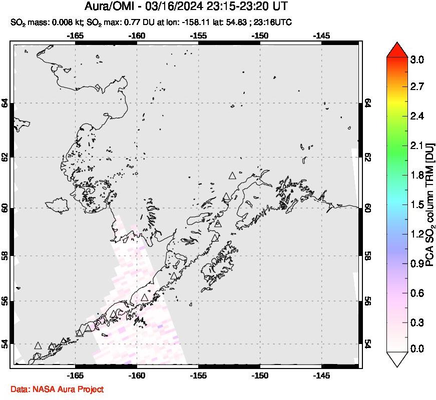 A sulfur dioxide image over Alaska, USA on Mar 16, 2024.