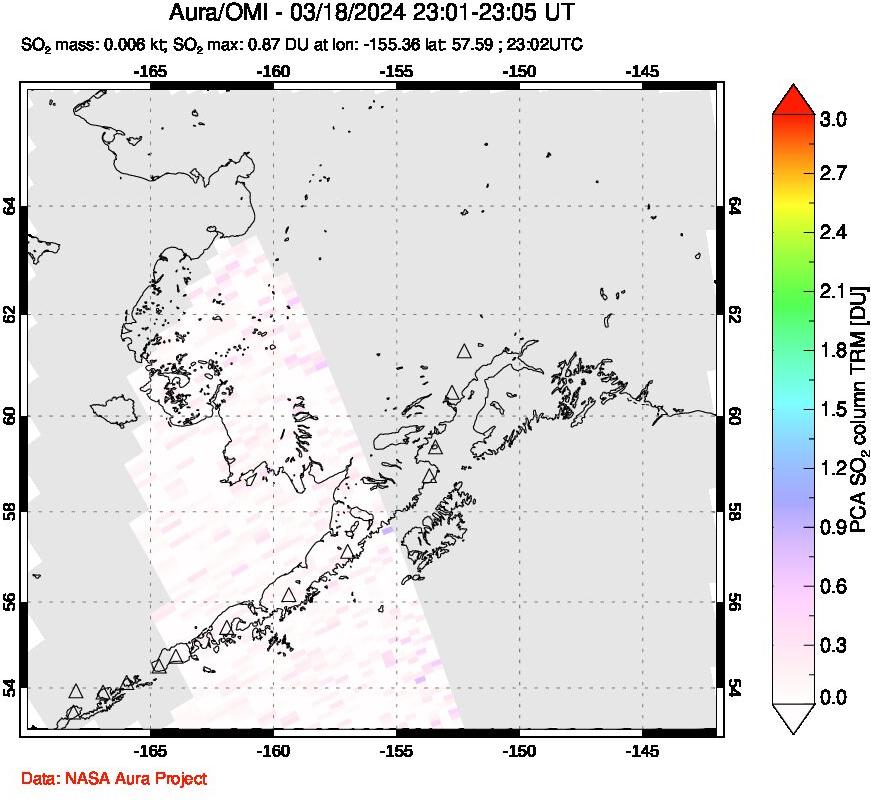 A sulfur dioxide image over Alaska, USA on Mar 18, 2024.