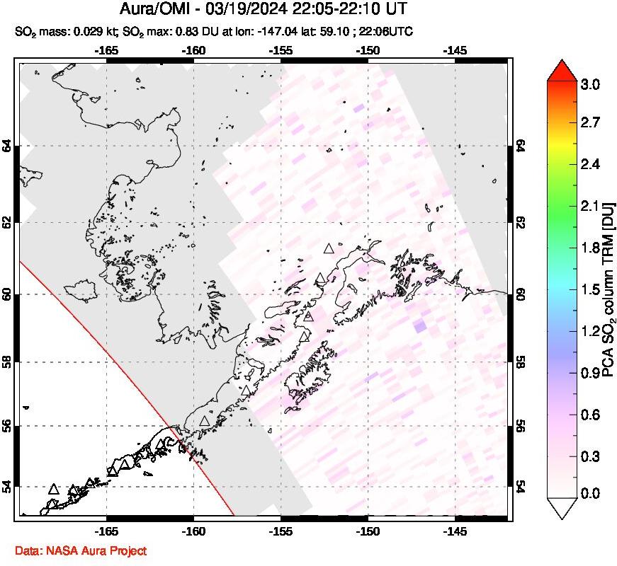 A sulfur dioxide image over Alaska, USA on Mar 19, 2024.