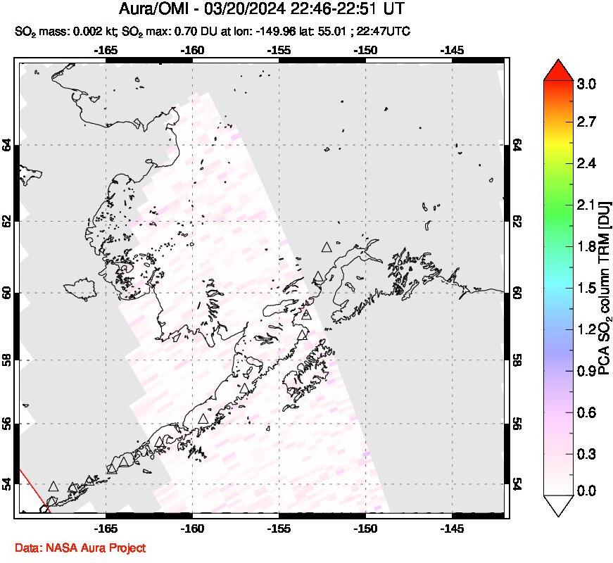 A sulfur dioxide image over Alaska, USA on Mar 20, 2024.