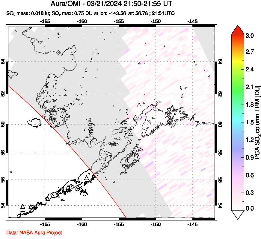 A sulfur dioxide image over Alaska, USA on Mar 21, 2024.