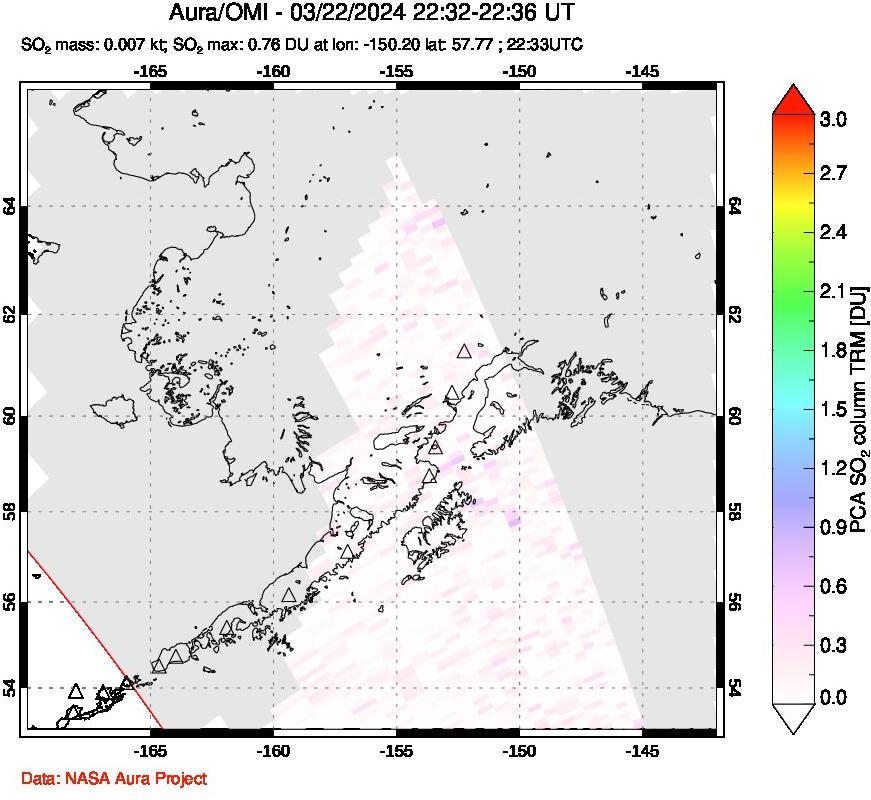 A sulfur dioxide image over Alaska, USA on Mar 22, 2024.