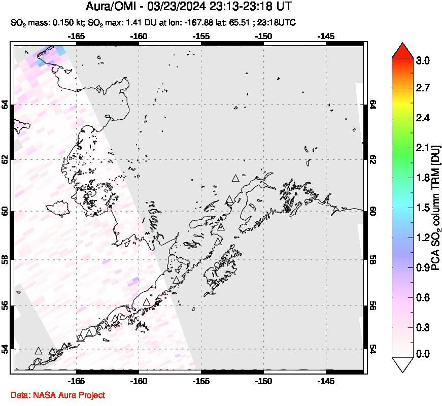 A sulfur dioxide image over Alaska, USA on Mar 23, 2024.