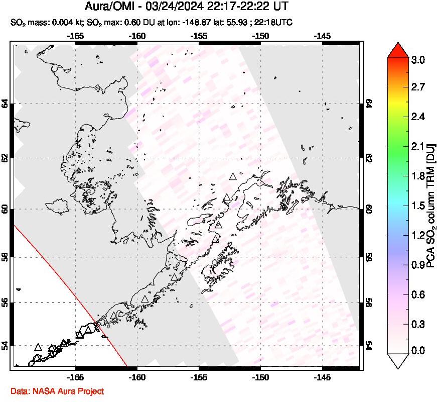 A sulfur dioxide image over Alaska, USA on Mar 24, 2024.