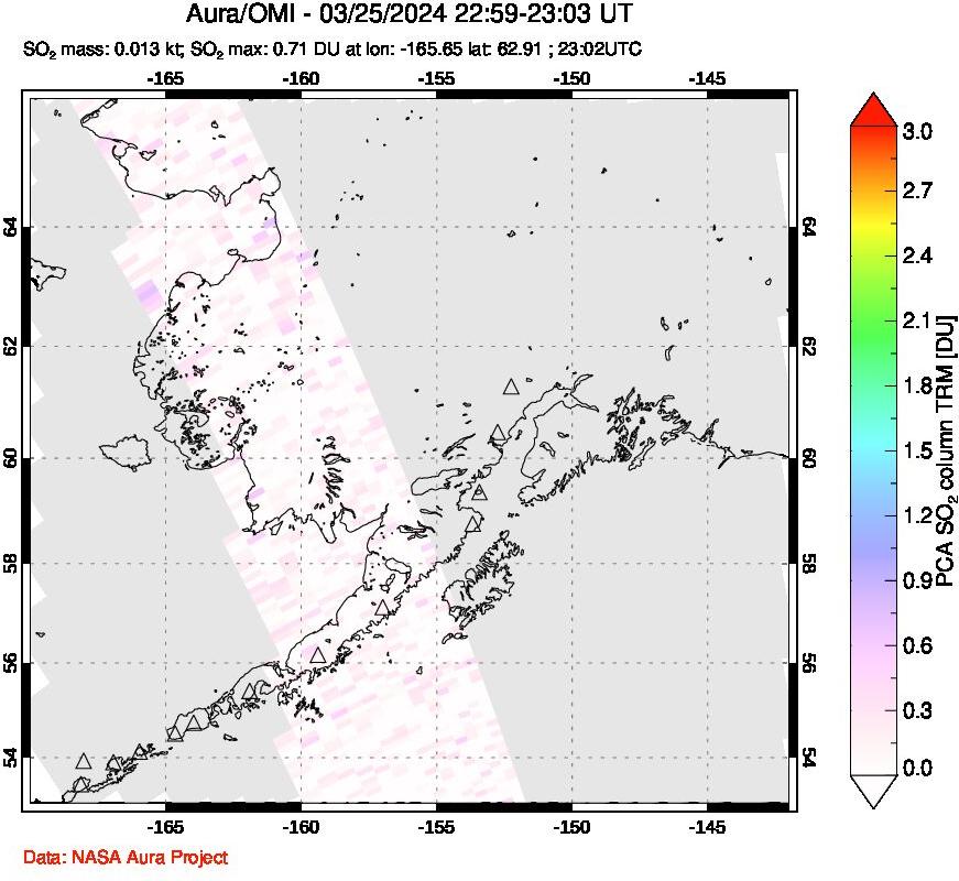 A sulfur dioxide image over Alaska, USA on Mar 25, 2024.