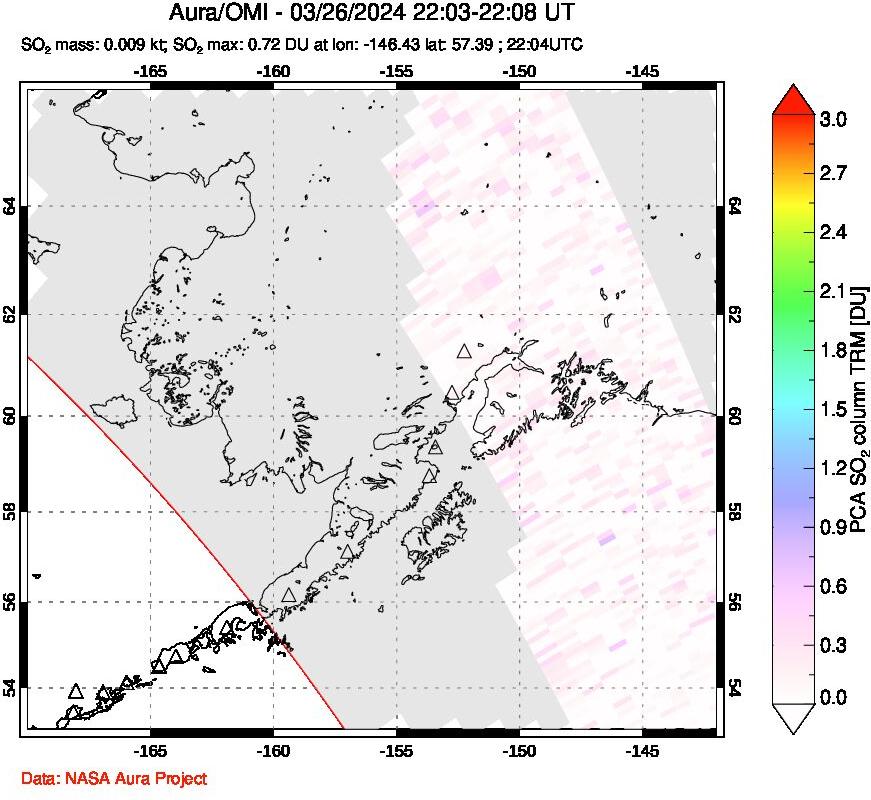 A sulfur dioxide image over Alaska, USA on Mar 26, 2024.