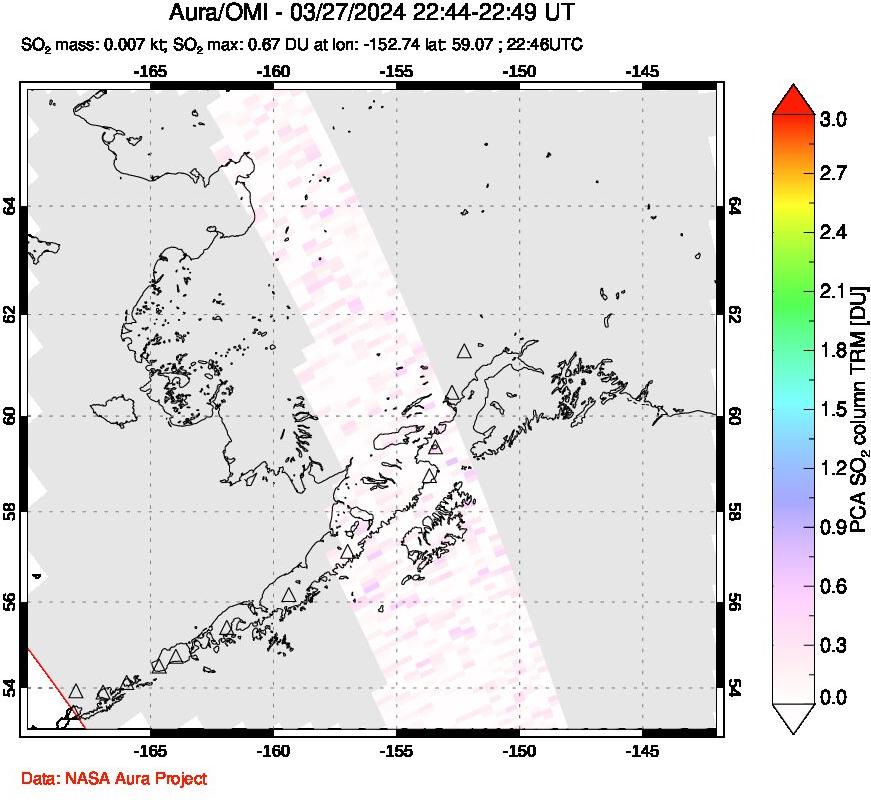 A sulfur dioxide image over Alaska, USA on Mar 27, 2024.