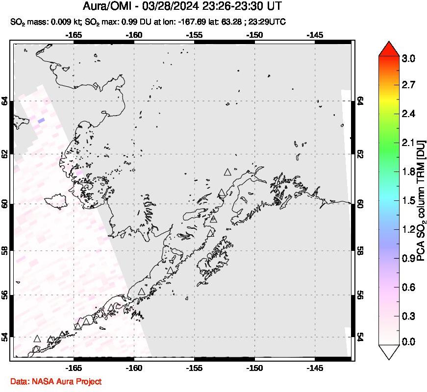 A sulfur dioxide image over Alaska, USA on Mar 28, 2024.