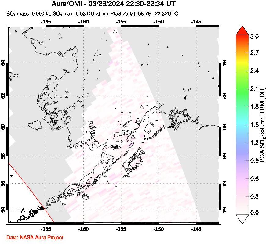 A sulfur dioxide image over Alaska, USA on Mar 29, 2024.