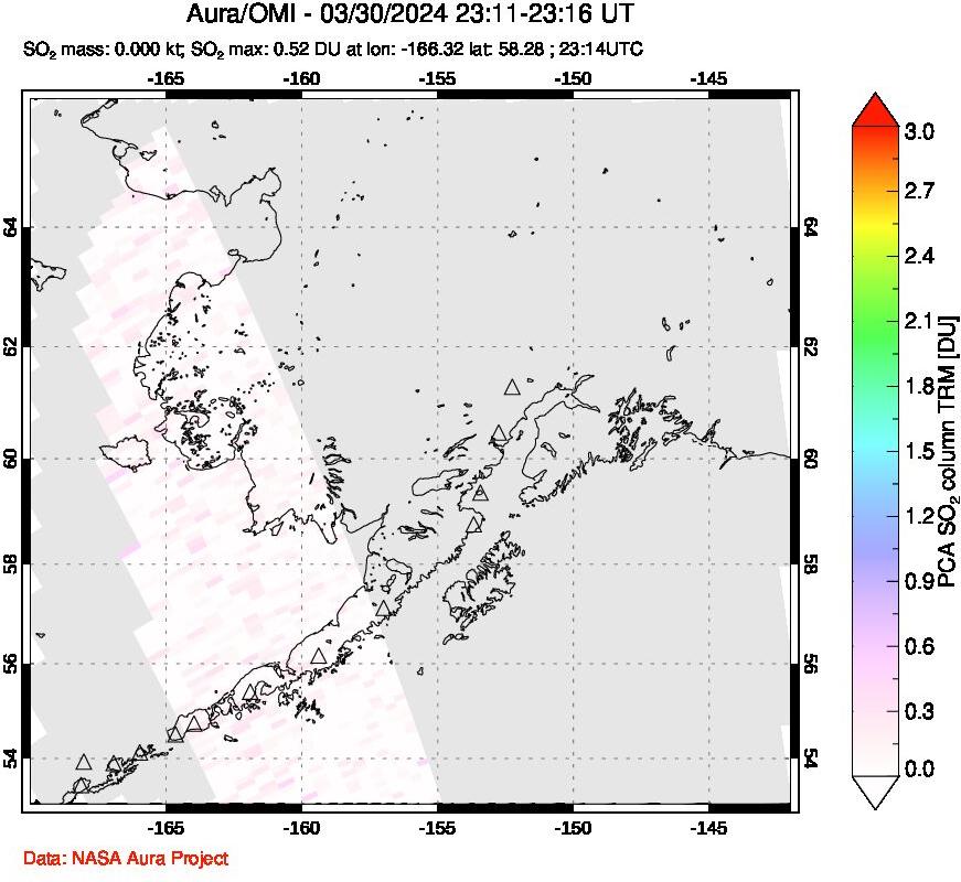 A sulfur dioxide image over Alaska, USA on Mar 30, 2024.