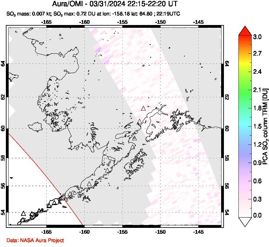 A sulfur dioxide image over Alaska, USA on Mar 31, 2024.