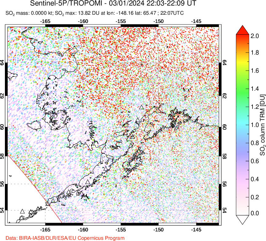 A sulfur dioxide image over Alaska, USA on Mar 01, 2024.