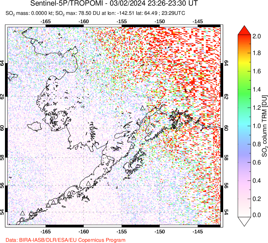 A sulfur dioxide image over Alaska, USA on Mar 02, 2024.