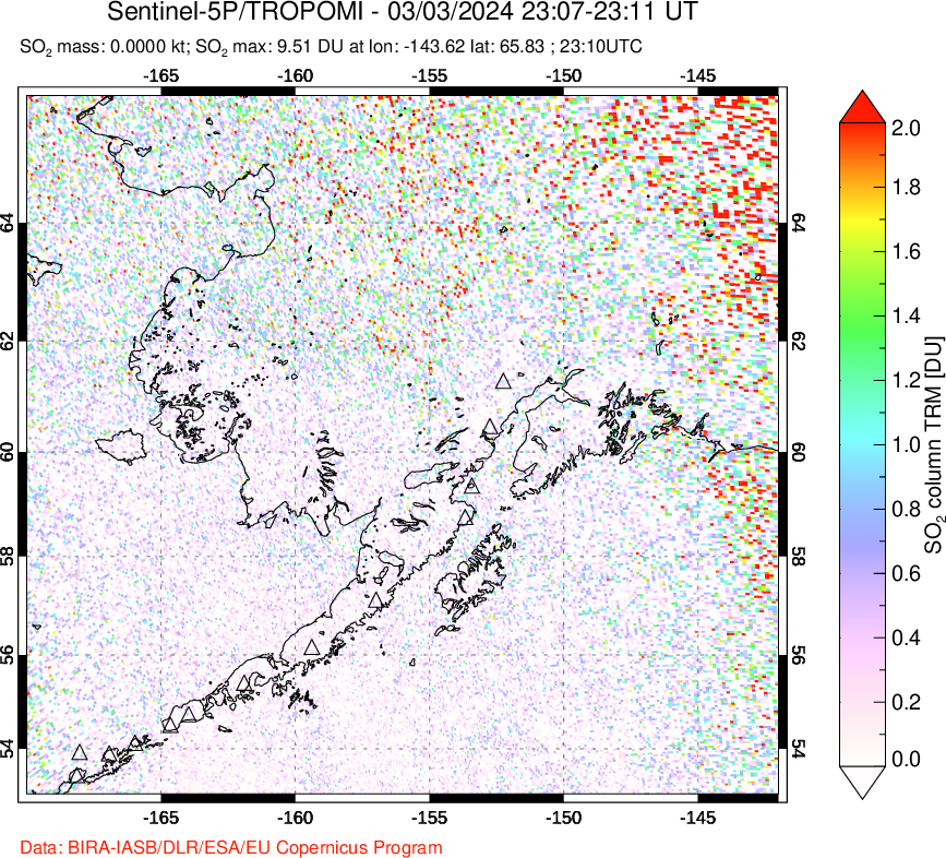 A sulfur dioxide image over Alaska, USA on Mar 03, 2024.