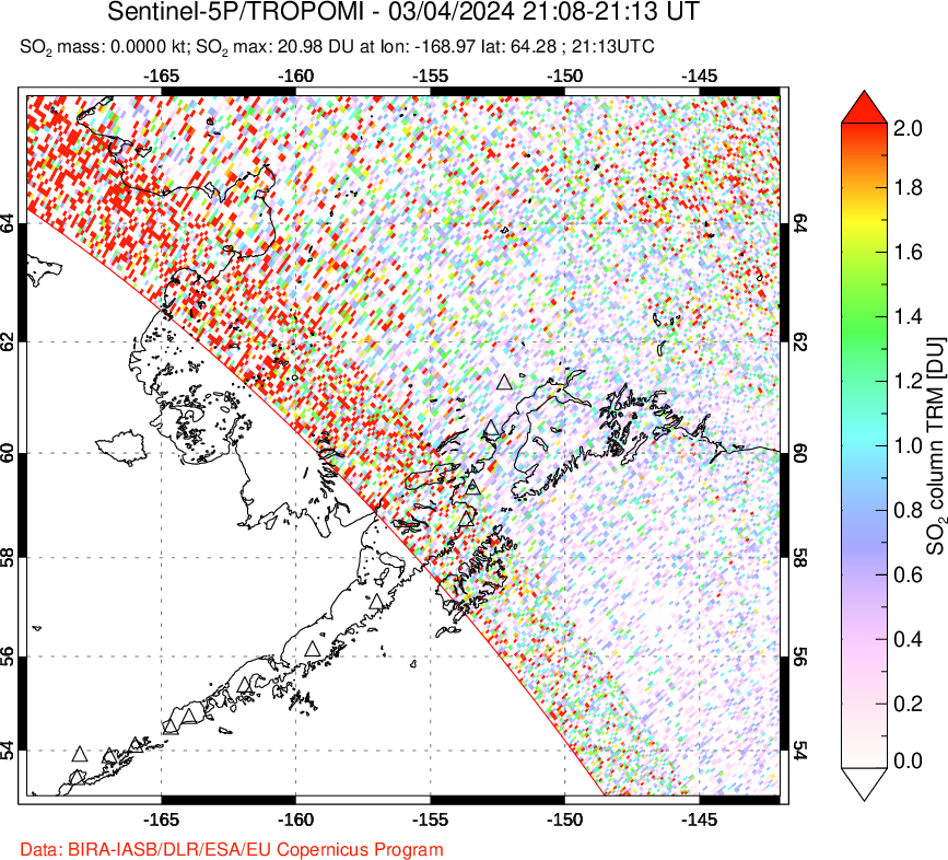 A sulfur dioxide image over Alaska, USA on Mar 04, 2024.