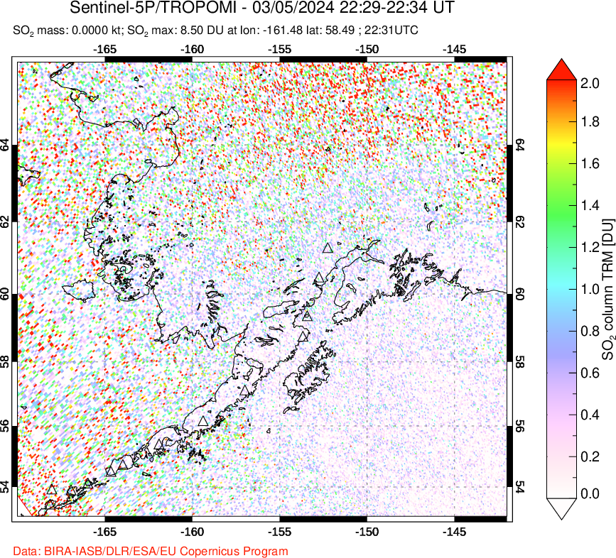 A sulfur dioxide image over Alaska, USA on Mar 05, 2024.