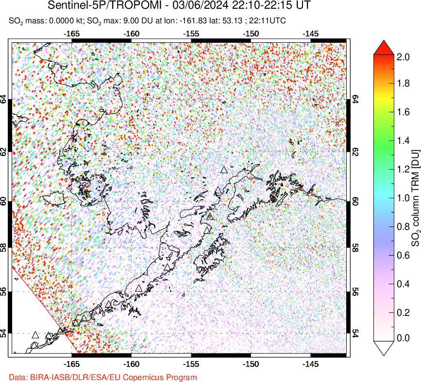 A sulfur dioxide image over Alaska, USA on Mar 06, 2024.