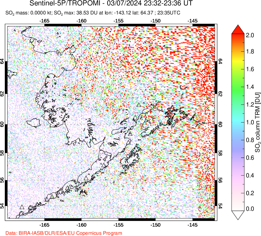 A sulfur dioxide image over Alaska, USA on Mar 07, 2024.