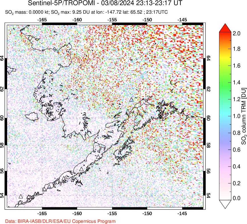 A sulfur dioxide image over Alaska, USA on Mar 08, 2024.