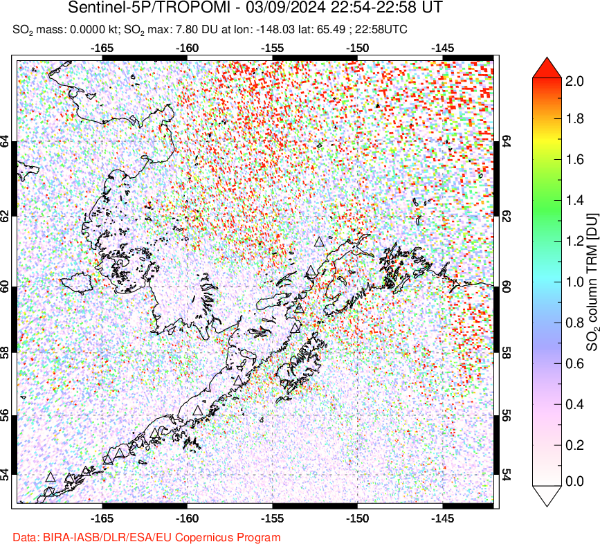 A sulfur dioxide image over Alaska, USA on Mar 09, 2024.