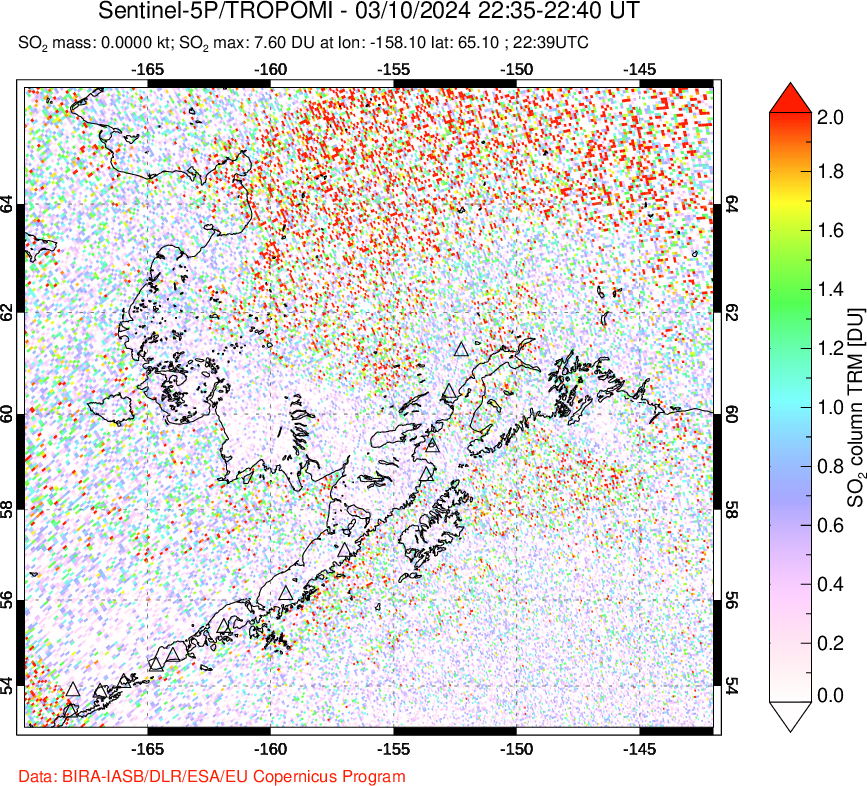 A sulfur dioxide image over Alaska, USA on Mar 10, 2024.