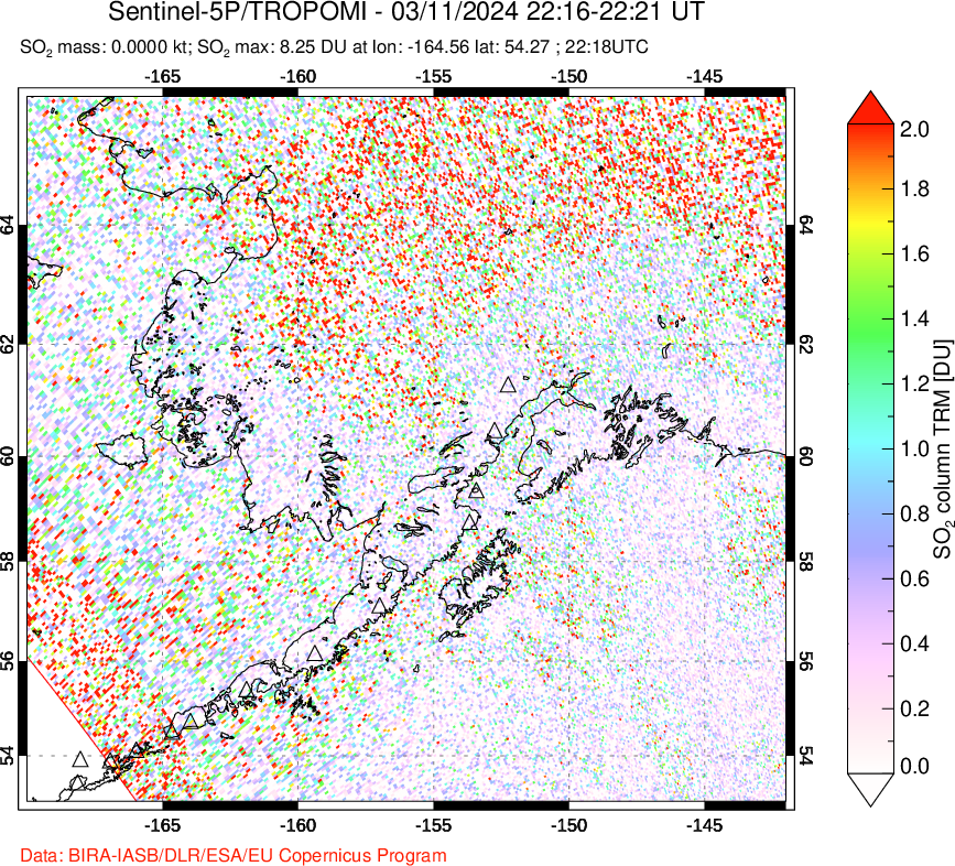 A sulfur dioxide image over Alaska, USA on Mar 11, 2024.