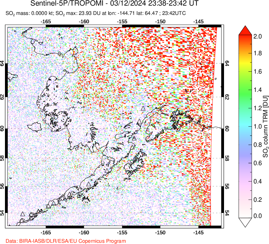 A sulfur dioxide image over Alaska, USA on Mar 12, 2024.