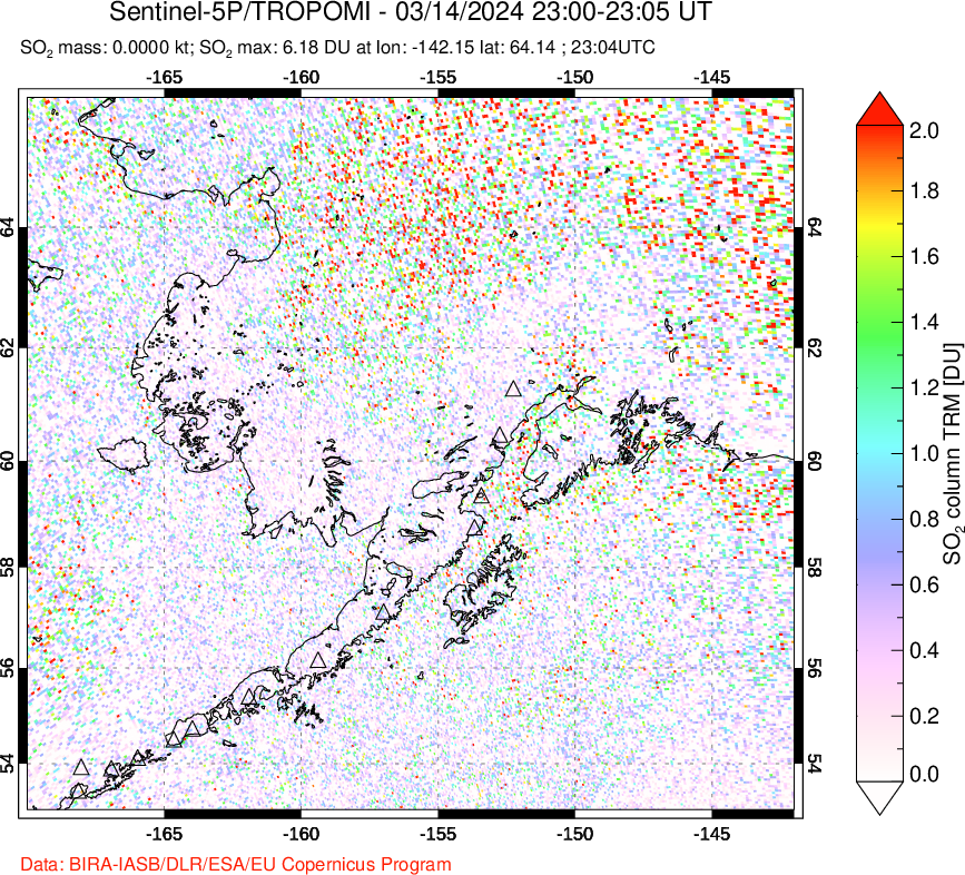 A sulfur dioxide image over Alaska, USA on Mar 14, 2024.