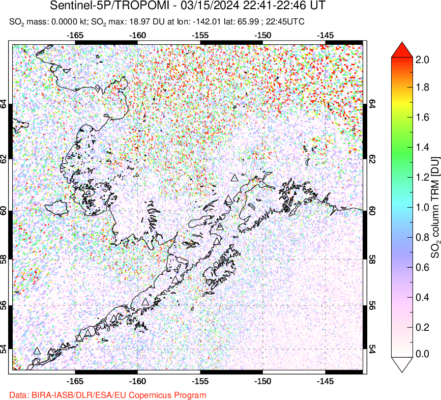 A sulfur dioxide image over Alaska, USA on Mar 15, 2024.