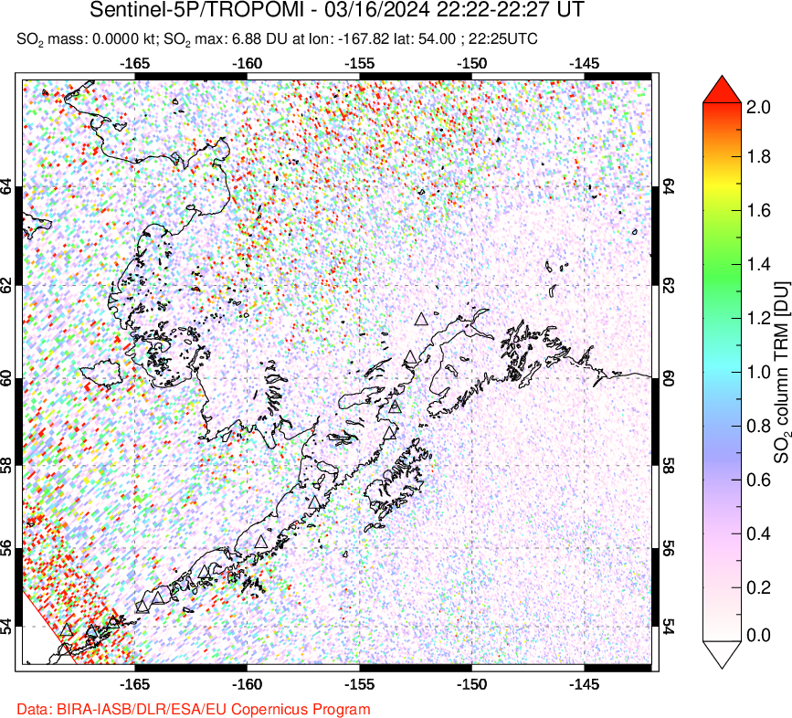 A sulfur dioxide image over Alaska, USA on Mar 16, 2024.