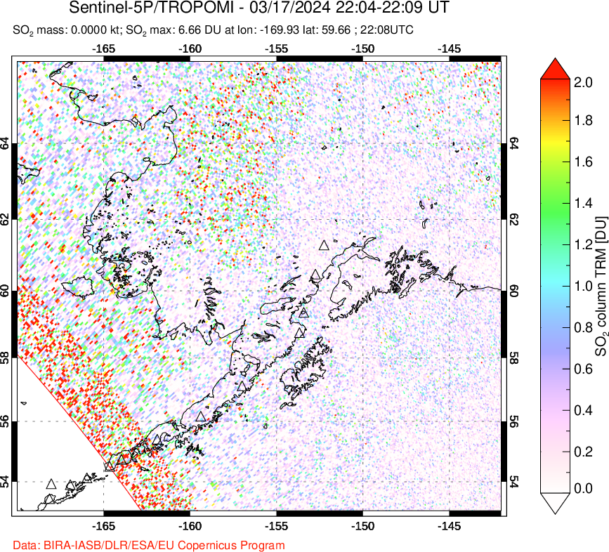 A sulfur dioxide image over Alaska, USA on Mar 17, 2024.