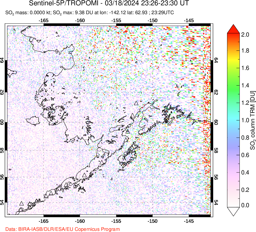 A sulfur dioxide image over Alaska, USA on Mar 18, 2024.