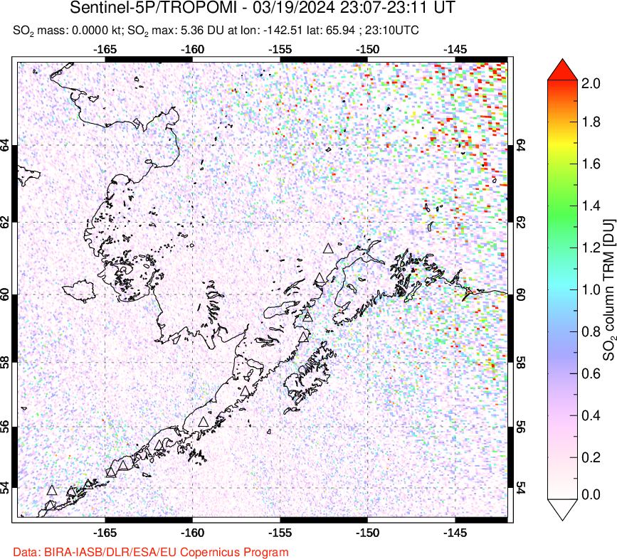 A sulfur dioxide image over Alaska, USA on Mar 19, 2024.