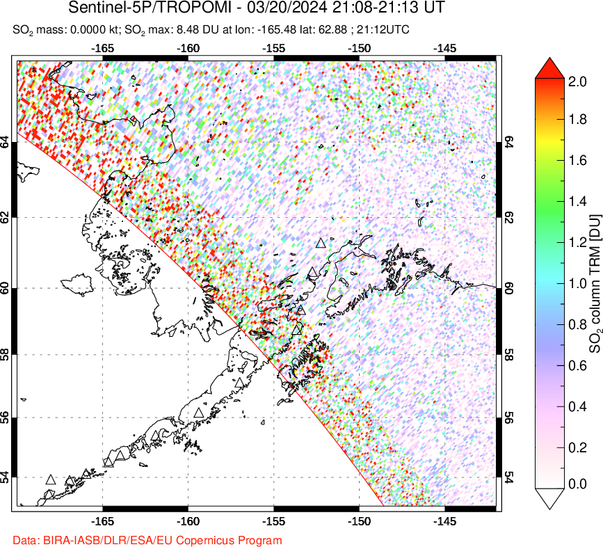 A sulfur dioxide image over Alaska, USA on Mar 20, 2024.