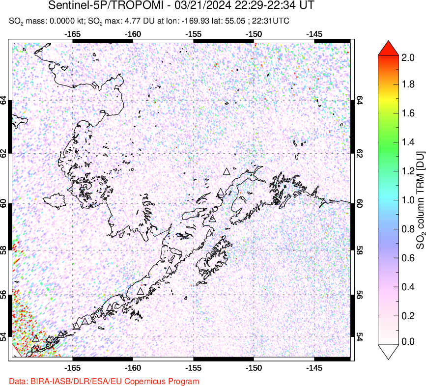 A sulfur dioxide image over Alaska, USA on Mar 21, 2024.