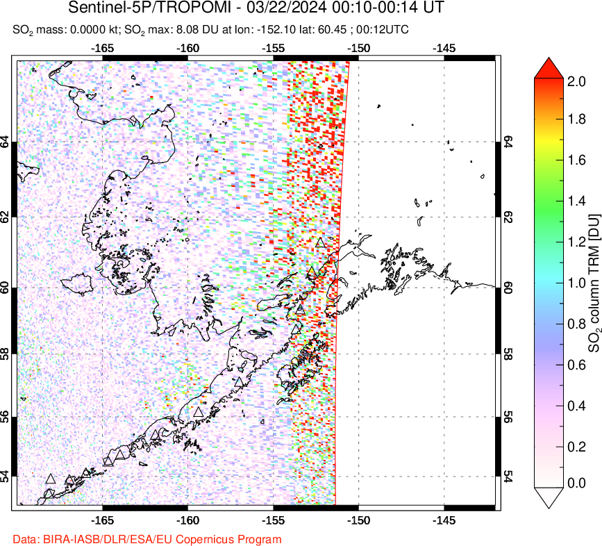 A sulfur dioxide image over Alaska, USA on Mar 22, 2024.