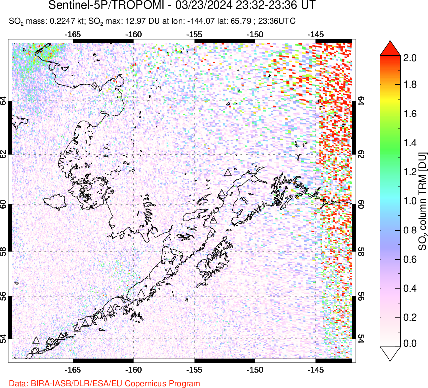 A sulfur dioxide image over Alaska, USA on Mar 23, 2024.