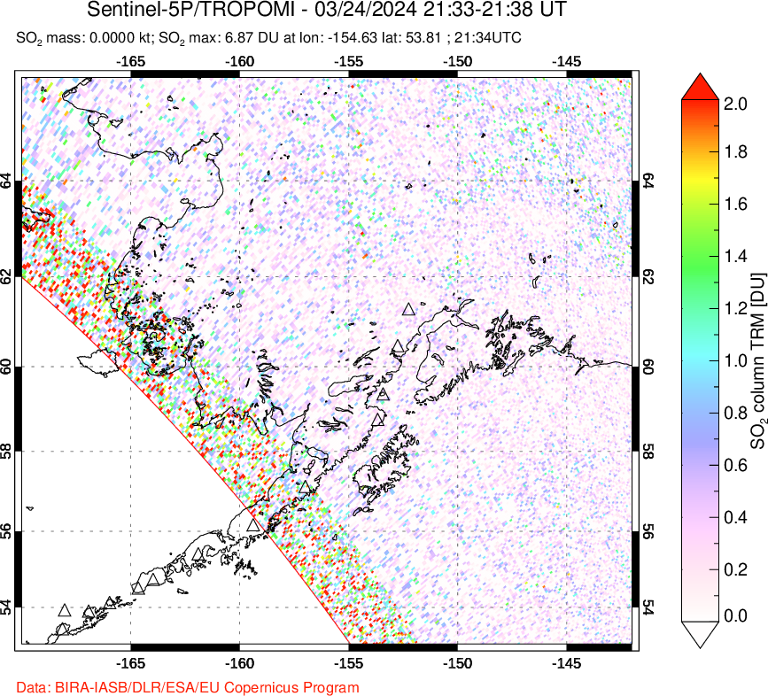 A sulfur dioxide image over Alaska, USA on Mar 24, 2024.