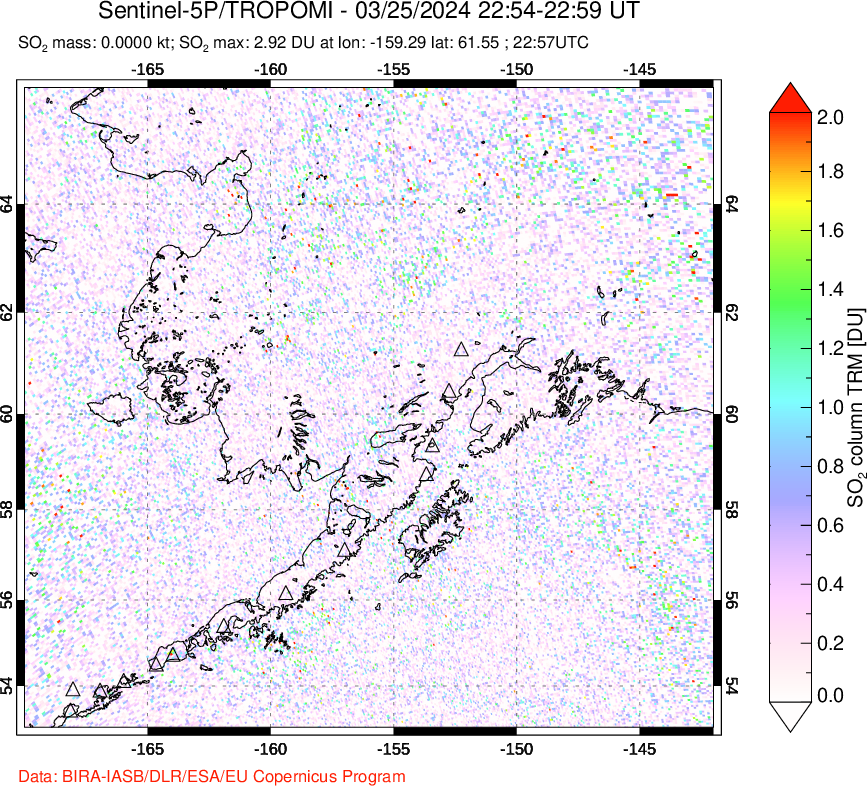 A sulfur dioxide image over Alaska, USA on Mar 25, 2024.