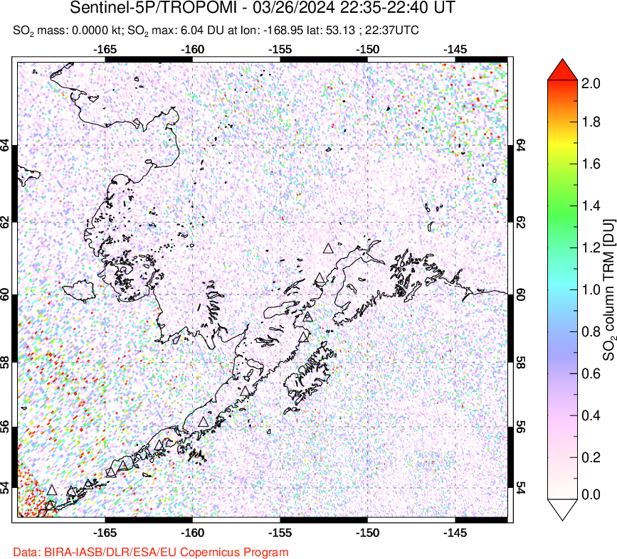 A sulfur dioxide image over Alaska, USA on Mar 26, 2024.