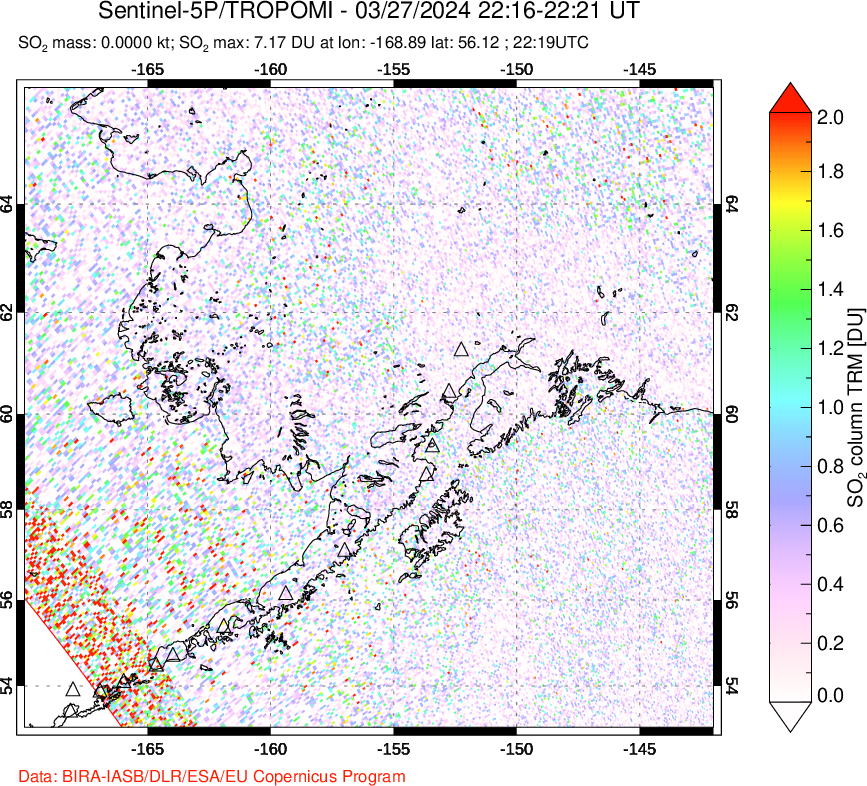 A sulfur dioxide image over Alaska, USA on Mar 27, 2024.