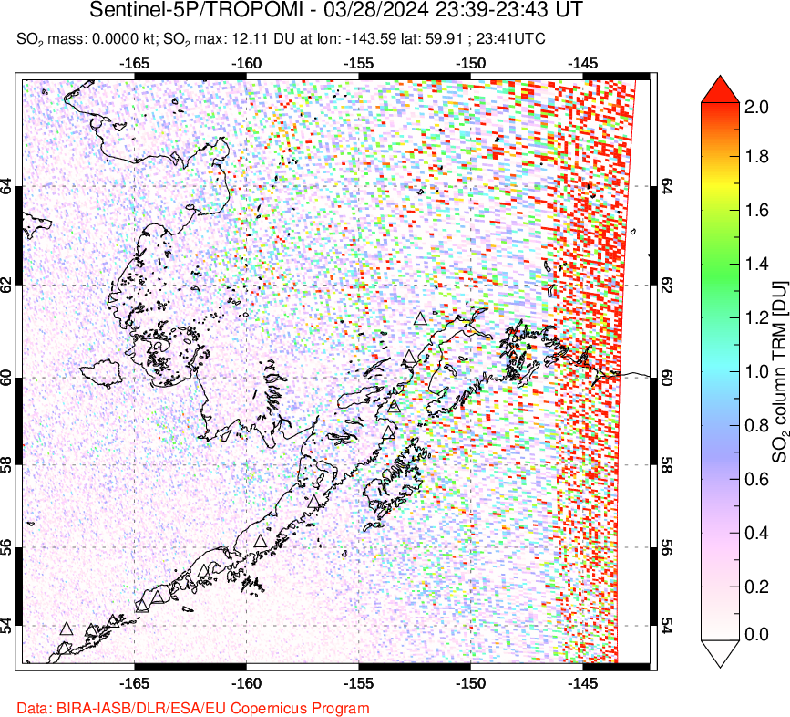 A sulfur dioxide image over Alaska, USA on Mar 28, 2024.