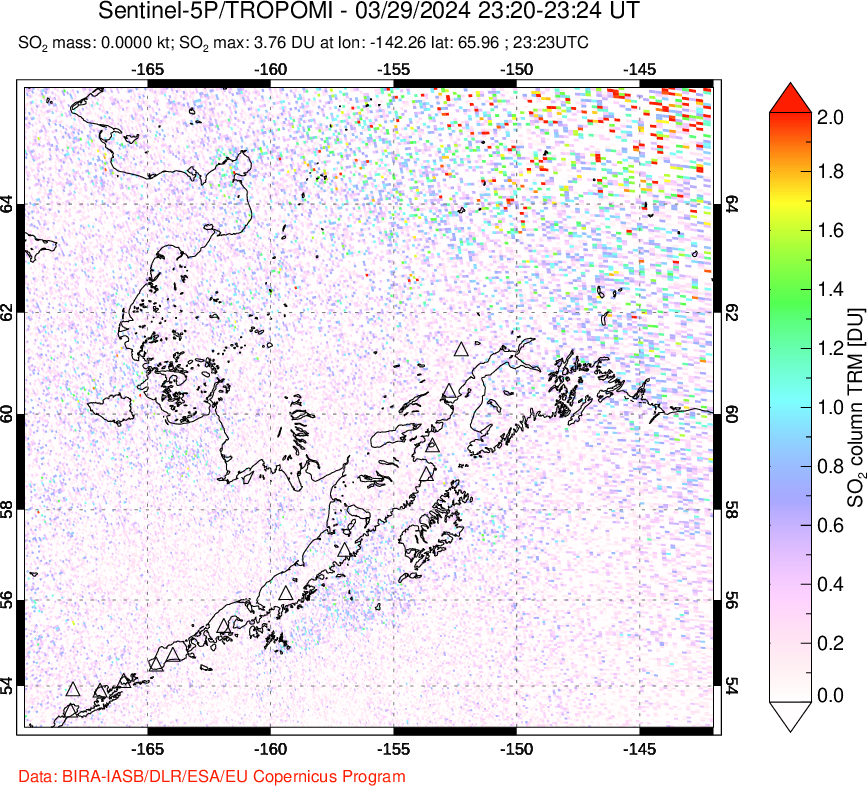 A sulfur dioxide image over Alaska, USA on Mar 29, 2024.